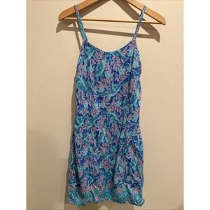 Vintage Rainbow Jo Hawaiian Floral Print‎ Dress Blue Green Tropical Boho Size M